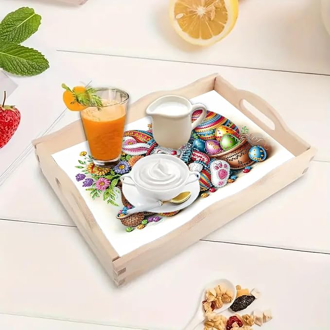 BAYUNOE DIY Diamond Serving Tray Rectangular Breakfast Tray with Handle Handmade Diamond Art Painting Wooden Tray Spring Creative Dinner Plate Coffee Room Living Home Organizer-Easter Bunny Eggs