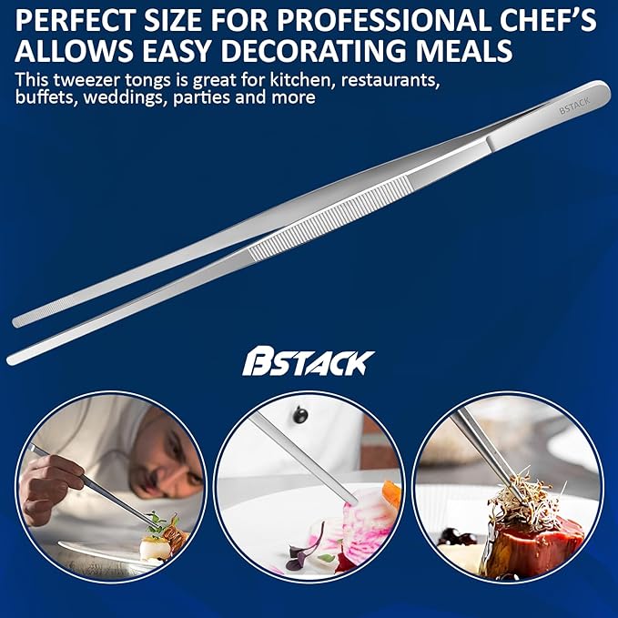 Brand Stack Kitchen Tweezers 14” Japanese Stainless-Steel Cooking Tong Tweezers Set of 2 with Precision Serrated Tip Premium Long Tweezers for Kitchen Serving Food Chef & Pasta Cooking tweezers.