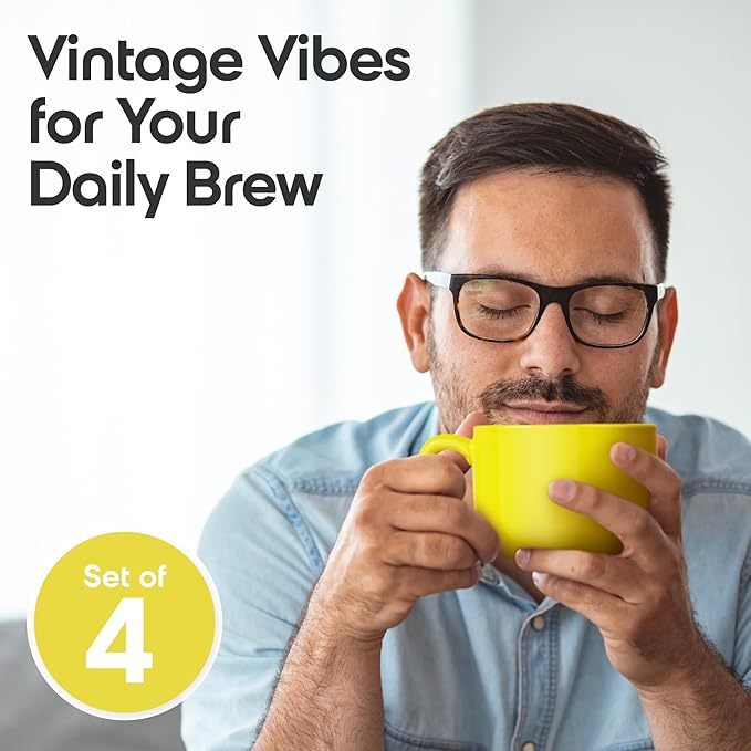 Omniware Teaz Cafe 24oz Jumbo Mug, Set of 4 - Rustic Stoneware, Oversized Handle, Dishwasher Safe, Lead-Free Glaze - Vintage-Inspired Farmhouse Cup for Coffee, Tea, Soup (Yellow)