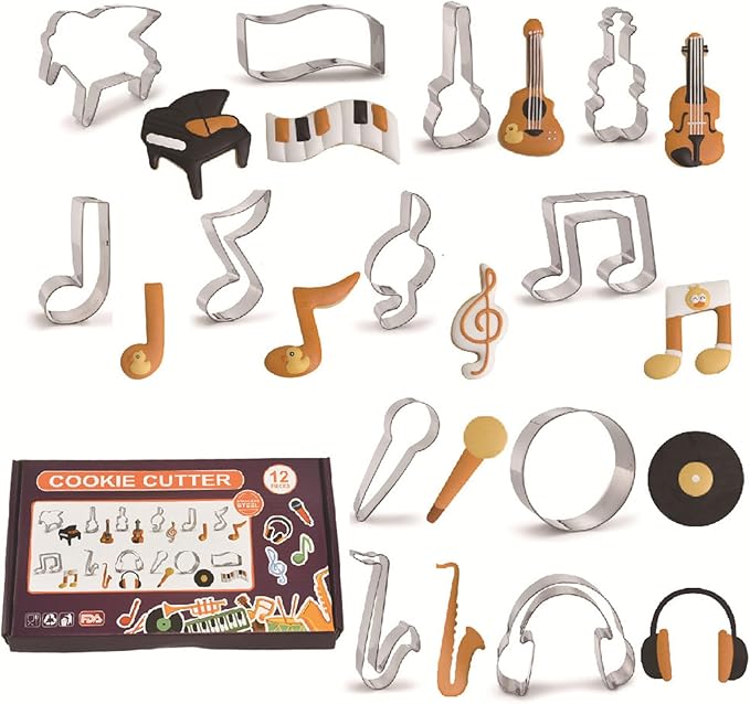 12 Pcs Music Note Cookie Cutters, Keyboard, Notes, Piano, Microphone, CD, Headphones, Guitar, Violin Stainless Steel Cookie Cutters for Baking (Music Note)