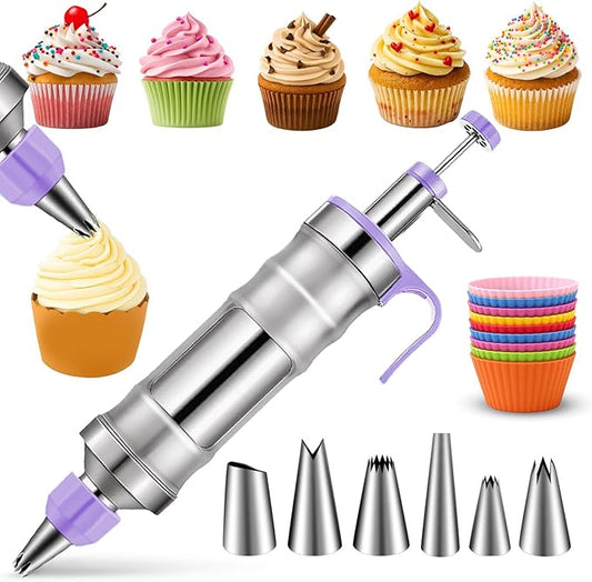 Novano Stainless Steel Dessert Decorating Syringe Set, Frosting Piping Kit with 6 Piping Tips, 2 Piping Tip Couplers & 9 Silicone Cupcakes, Cake Decorating Kit for Cupcakes and Cookies