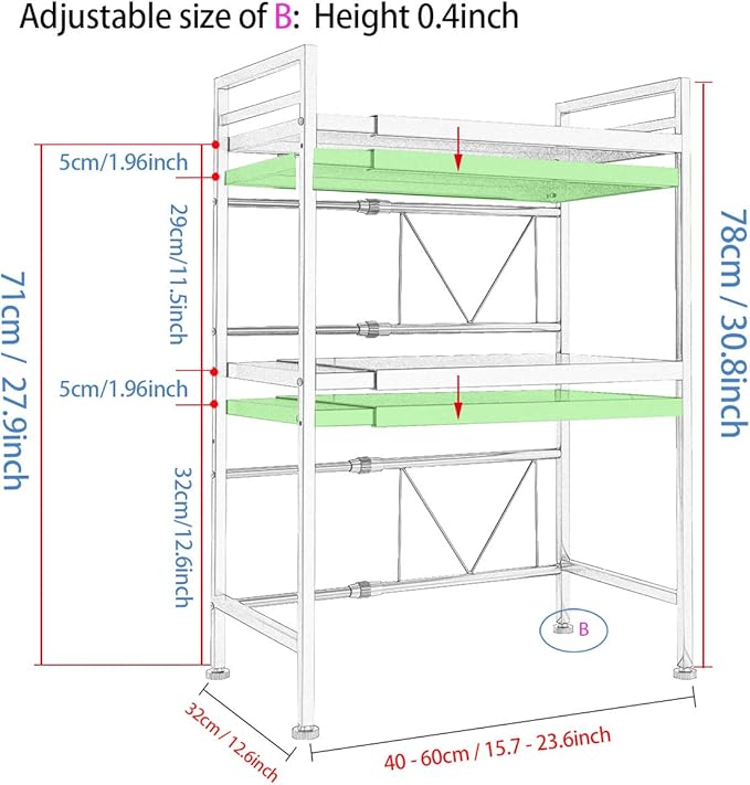 PUSDON Microwave Oven Rack, Adjustable Shelf Organizer 3-Tiers with 3 Hooks, & 160lbs Capacity for Kitchen Counter, White