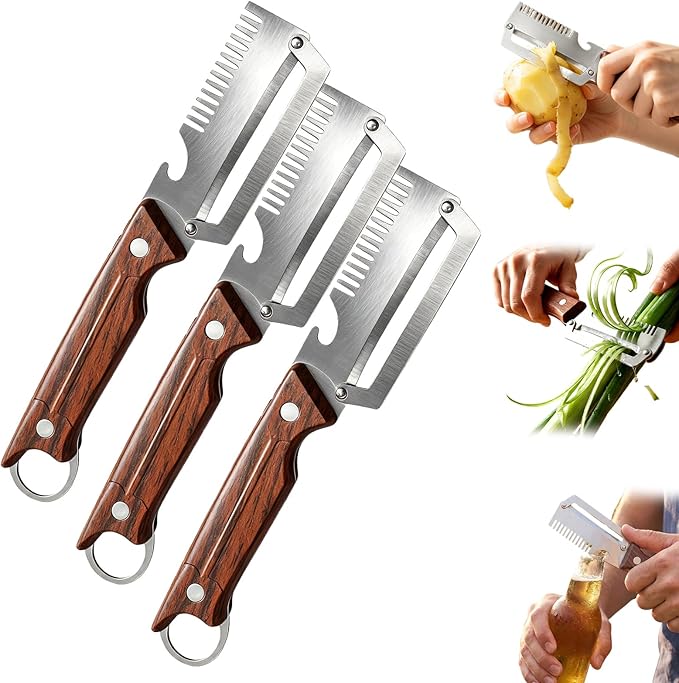 4-in-1 Multi-Functional Vegetable Peeler for Kitchen, 2026 New Kitchen Multi-function Stainless Steel Thickened Fruit Peeler Knife with Wooden Handle for Peeling Fruits and Shredding Scallions (3 Pcs)