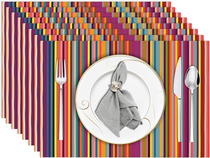 Niviy Bright Colorful Striped Placemats Set of 8, 12x18 Inch Rainbow Colored Geometric Pattern Table Mats for Holiday Party Kitchen Dining Room Decoration