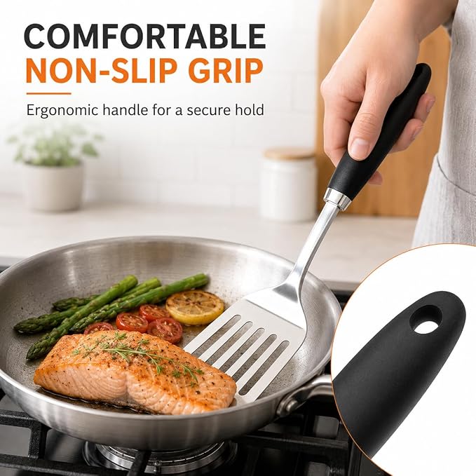 Stainless Steel Slotted Turner Spatula, Metal Spatula for Cast Iron & Stainless Steel Pans, Thin Edge Kitchen Turner for Eggs, Pancakes, Burgers, Dishwasher Safe