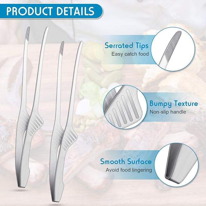 Patelai 2 Pieces Korean and Japanese BBQ Tongs Non Slip Cooking Utensils Stainless Steel Tongs for Serving Food, Salad, Camping, Barbecue, Buffet, Oven with Support Stand (Silver)