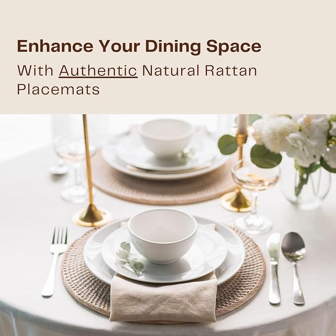 4-Pack Rattan Placemats - 13-inch Round Placemats (Whitewash) - Woven Place Mats, Round Table Mats - Wicker Chargers for Dinner Plates, Plate Chargers Boho