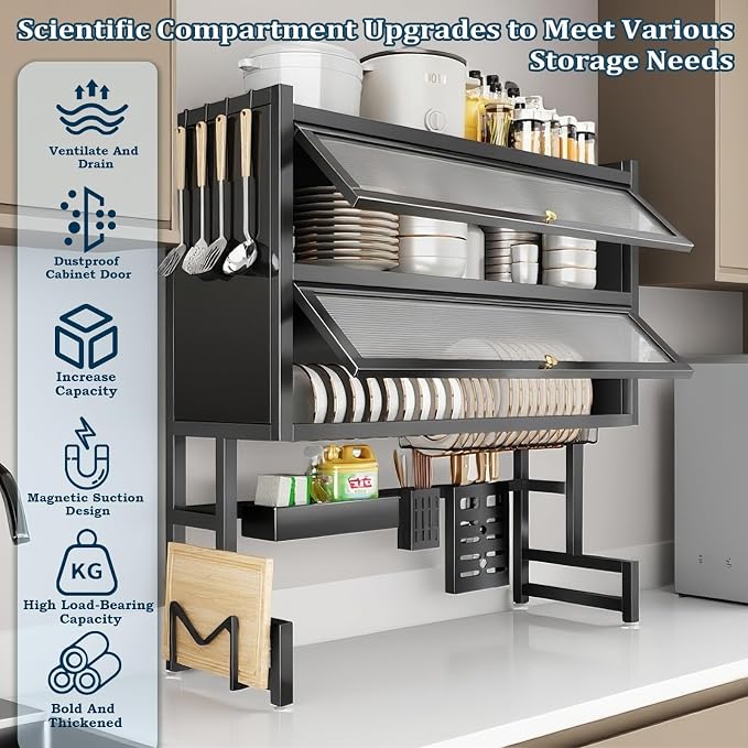 4-Tier Dish Drying Rack with Cover – Above Sink Kitchen Storage Rack, Large Space-Saving Shelf for Dishes, Glasses, Bowls & Cutlery, Black (W-38'')