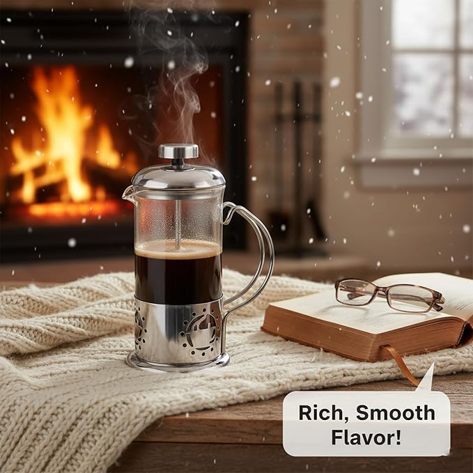 Single Serve French Press Coffee Maker - 12 oz Glass & Stainless Brewer | Portable 1-Cup Manual Coffee Press With Fine Mesh Filter, Mini Brewer For Home, Travel or Camping, Great For Loose Tea.