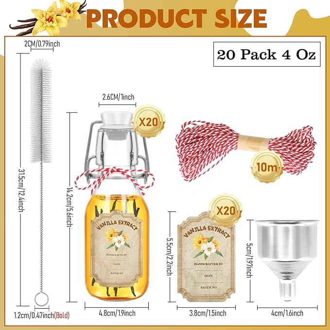 20 Pack Swing Top Glass Vanilla Extract Bottles 4 oz with Lids, Vanilla Extract Labels and Funnel, Glass Boston Vanilla Bottles for Syrup Gift, Flip Top Glass Bottles Jars for Vanilla Extract