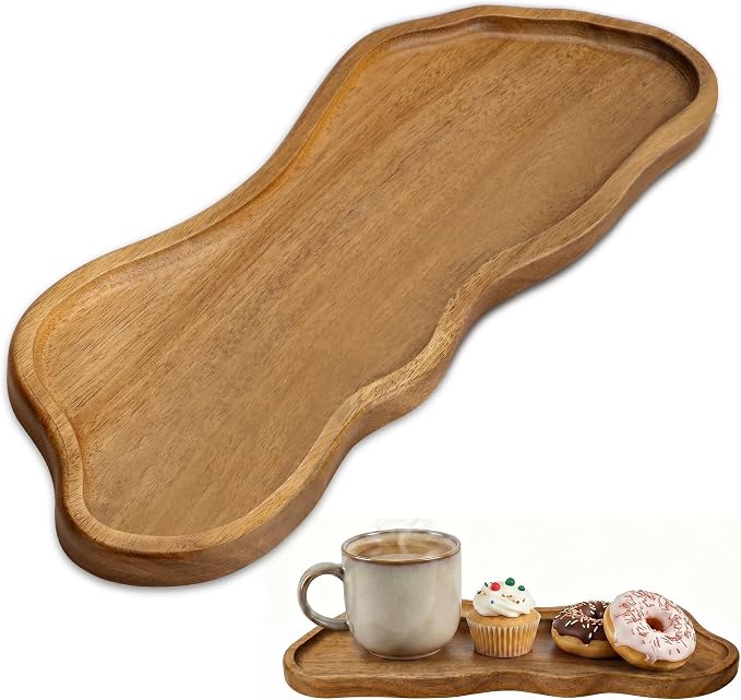 Small Wooden Tray | Acacia Wood Tray for Vanity, Bathroom Counter, Coffee Table & Toilet | Perfect for Jewelry, Remote, Perfumes & Catch All | Mini Charcuterie Board Serving Platter (Footprint Shape)