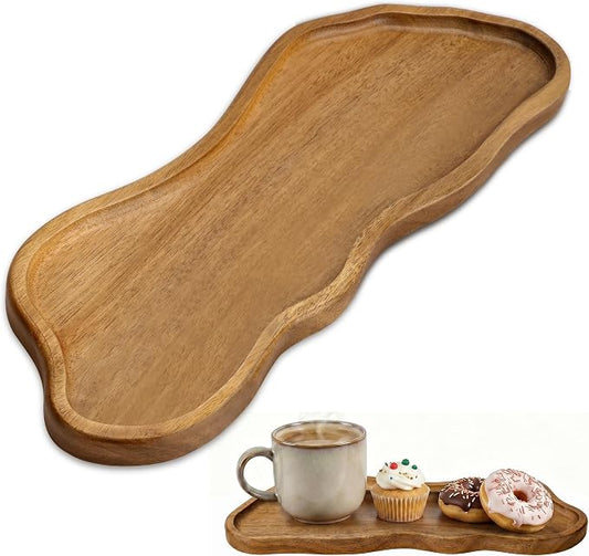 Small Wooden Tray | Acacia Wood Tray for Vanity, Bathroom Counter, Coffee Table & Toilet | Perfect for Jewelry, Remote, Perfumes & Catch All | Mini Charcuterie Board Serving Platter (Footprint Shape)
