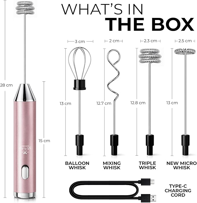 Zulay Kitchen Rechargeable Milk Frother Handheld - Frother Wand, Drink Mixer, Electric Whisk Frother, for Cappuccinos, Matcha & Protein Powder - Ultra Metal 3 Whisk, 1800mAh Pink