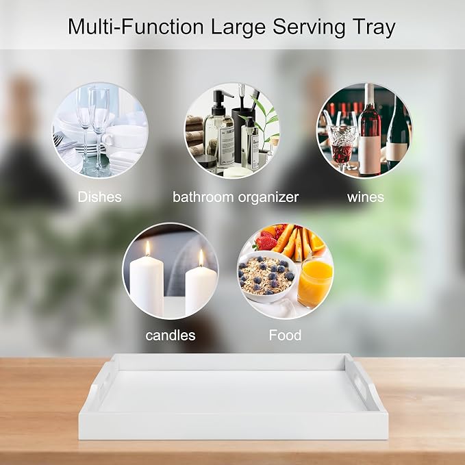 RRX Bamboo Food Serving Tray with Handles,Breakfast Bed Tray (White) | Wood Tray for Tea, Snack, Dinner, Home Decorative Storage Food, Platter, Ottoman for Kitchen Counter, Bathroom, Restaurant