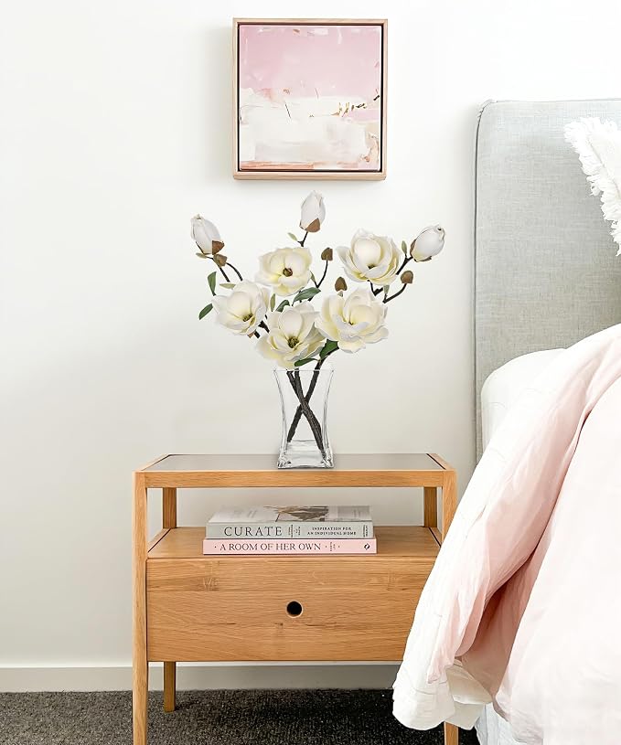 Briful Artificial Magnolia Flower Arrangement with Glass Vase, 18.5in White Faux Magnolia Flowers Fake Floral Centerpiece for Eleglant Home Office Room Table Shelf Décor