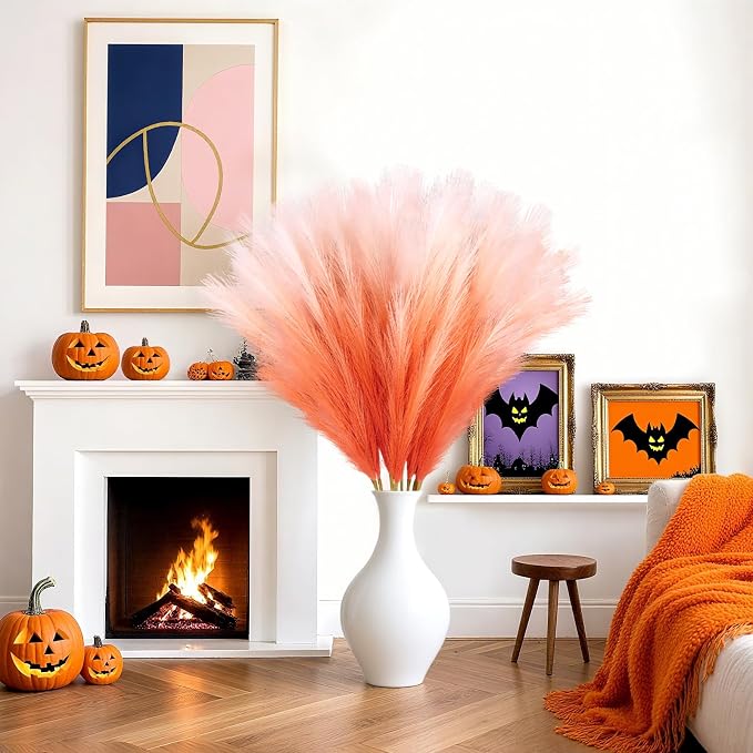 TORONTOKYO 8Pcs Orange Faux Pampas Grass Tall Decor, 35.4” Fluffy Artificial Pompous Grass Branches, Large Pampas Grass Reed Stems for Floor Vase Filler, Wedding, Baby Shower, Home Boho Fall Decor