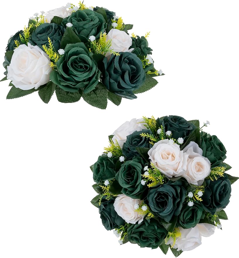 BLOSMON Green Flowers Artificial for Decoration: 2 Pcs Fake Rose Balls Table Centerpiece for St Patricks Day Home Decor - Faux Silk Kissing Bouquet Floral Arrangement for Wedding Party Event Decor
