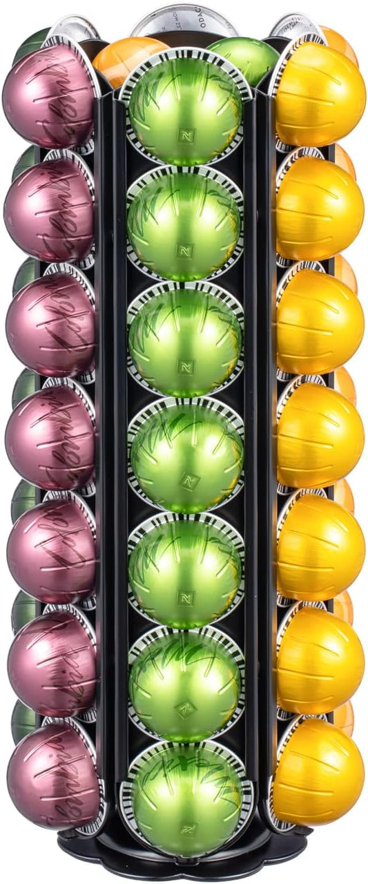 FlagShip for Nespresso Vertuo Pod Holder 360 Degrees Revolving Vertuo Pod Carousel Extra Storage Space,Coffee Pod Stand Black Metal(56+ Pods Capacity)