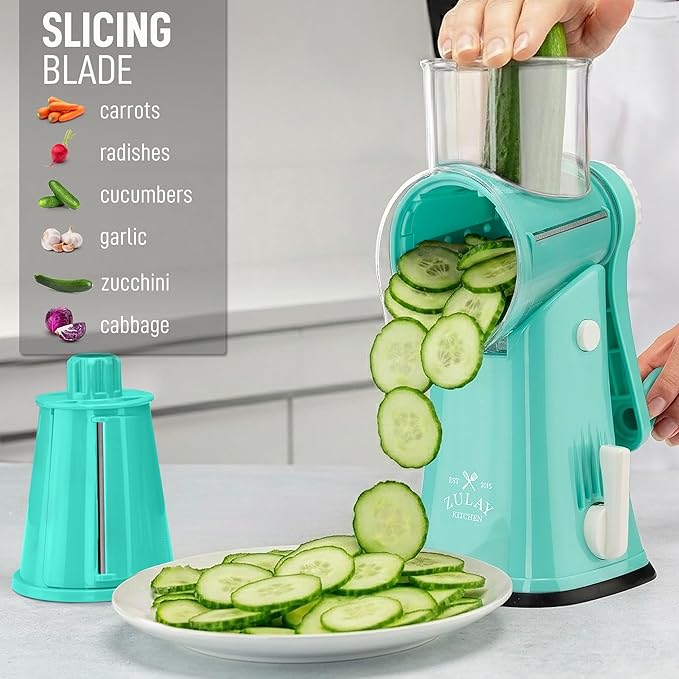 Zulay Kitchen Rotary Cheese Grater 5 Blade Cheese Shredder - Manual Hand Crank Cheese Grater With Reinforced Suction & 5 Interchangeable Drums - Easy to Use, Vegetable Chopper Round Mandoline Slicer