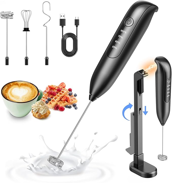 Electric Milk Frother Handheld: coffee frother rechargeable 3 in 1 - LED Display, Adjustable Wireless Charging - 3 Speeds, Stainless Steel Whisk for Latte, Cappuccino - Onyx Black