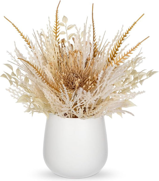 Hollyone Faux Pampas Grass with Vase, Artificial Pampas Grass Flowers Bouquet Plant Fluffy Boho Home Decor Fake Pompass Pompous Grass Floral Arrangement for Wedding Party Table Room Decorations White