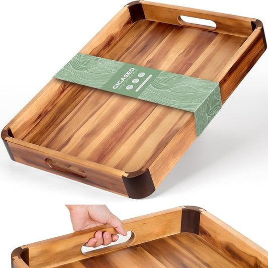 17 x 13 Inch Acacia Wood Serving Tray with Handles, Decorative Wooden Tray Featuring Dark Walnut-Tone Curved Corner Accents for Coffee Table, Ottoman & Kitchen Counter...