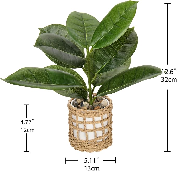 Briful Fake Plants Potted Plant Artificial Realistic Houseplant in White Ceramic Vase Wrapped Woven Pot, Fiddle Leaf Fig Faux Plant Indoor for Home Farmhouse Wedding Living Room Shelf Decor