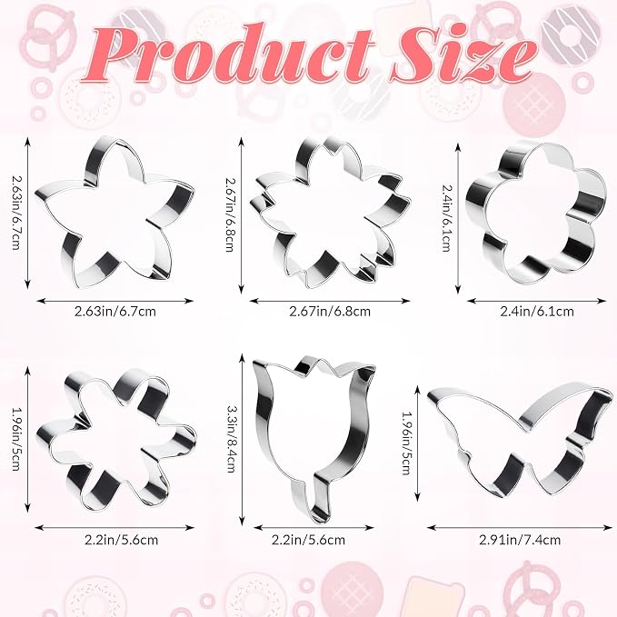 6 PCS Flower Cookie Cutters Set, Stainless Steel Flower Cookie Cutters, Butterfly Cherry Blossom Tulip Daisy Shaped Baking Tools for Home Baking, Party Favors