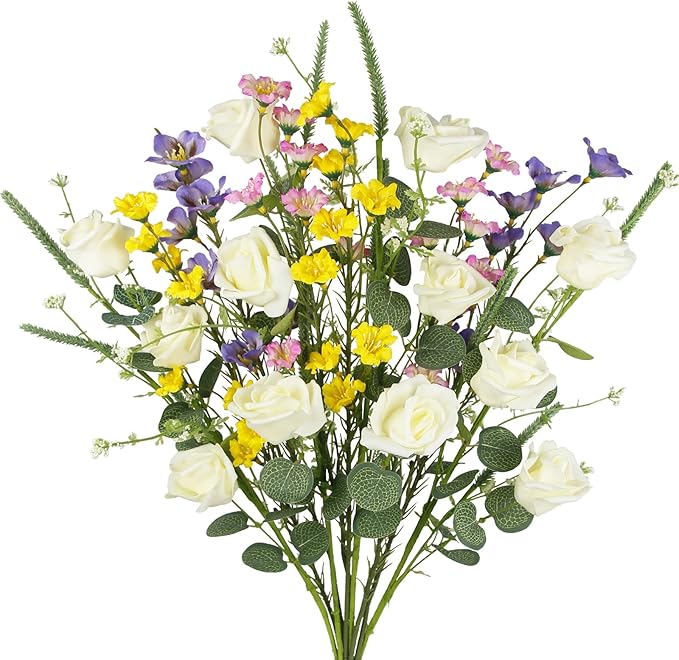 CISDUEO 10 Pcs Wildflowers Artificial Flowers Roses and Lily of The Valley Faux Wildflowers Summer Fake Flowers Spring Bunches Silk Floral Arrangement Wedding Party Decoration Table Centerpieces Home