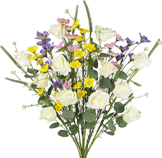 CISDUEO 10 Pcs Wildflowers Artificial Flowers Roses and Lily of The Valley Faux Wildflowers Summer Fake Flowers Spring Bunches Silk Floral Arrangement Wedding Party Decoration Table Centerpieces Home