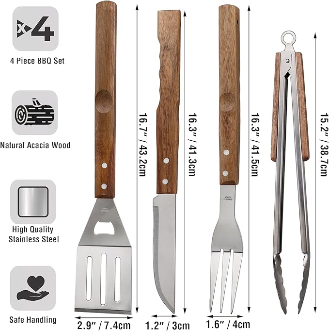 5pcs BBQ Grill Accessories Set - Stainless Steel Grilling Tools with Ergonomic Wooden Handle Includes Spatula, Tongs, Knife, Fork & Carry Bag, Grill Tools Set BBQ Utensils Gifts Set for Men Dad