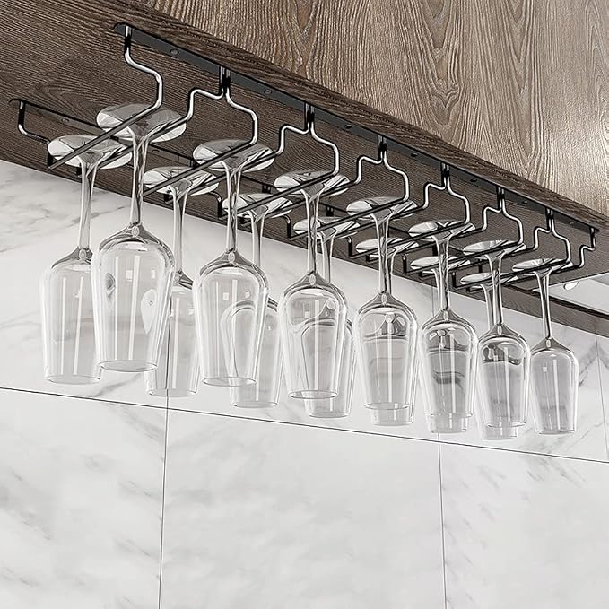 Black Wine Glass Rack - Under Cabinet Stemware Rack, Holds up to 14 Glasses, Hanging Stemware Holder, Stainless Steel Glasses Storage Hanger for Home Kitchen Bar