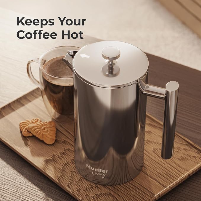MuellerLiving French Press Coffee Maker 34oz, Stainless Steel French Press Coffee, 4 Filter Heat Resistant Double Insulated, Rust-Free, Food Grade, Dishwasher Safe Coffee Pot | 34oz | Stainless Steel | 4 Filter Heat Resistant Double Insulated | Rust-Fr...