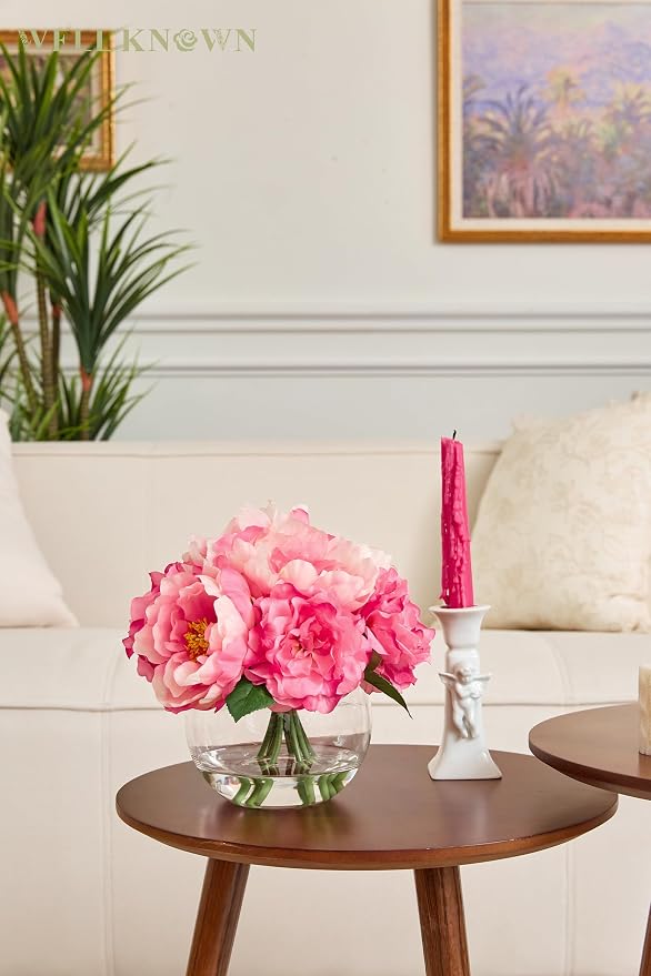 WELL KNOWN Artificial Flowers in Vase, Silk Peonies Bouquet with Faux Water, Fake Peony Pink Flower Arrangement for Home Wedding Birthday Party Dining Table Centerpiece Spring Decor & Mom's Gift