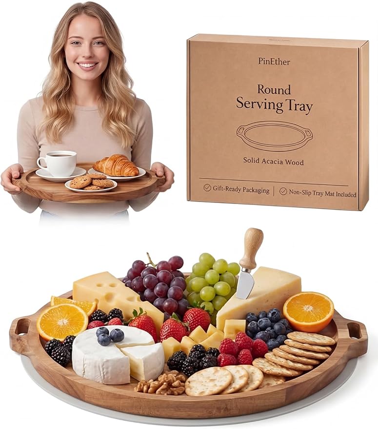 Premium Acacia Wood Round Charcuterie Board, 13 Inch Snack Board with Side Handles, Wooden Cheese Board and Serving Platter for Appetizers, Bread, Fruit and Snacks