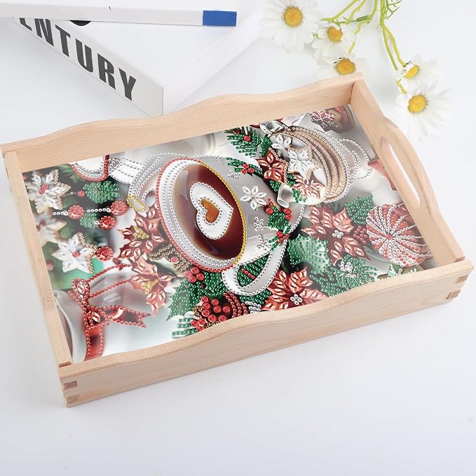 DIY Diamond Serving Tray Rectangular Breakfast Tray with Handle Handmade Diamond Art Painting Wooden Tray for Dinner Plate Coffee Room Living Home Organizer-Coffee