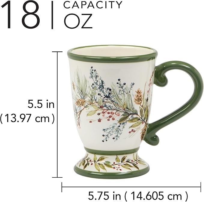 Winters Forest Holiday Mugs Set of 4 – 18oz Large Ceramic Coffee, Cocoa & Tea Cups with Evergreen Pinecone & Berry Design – Dishwasher Safe Winter Drinkware for Entertaining, Gifts & Hot Beverages