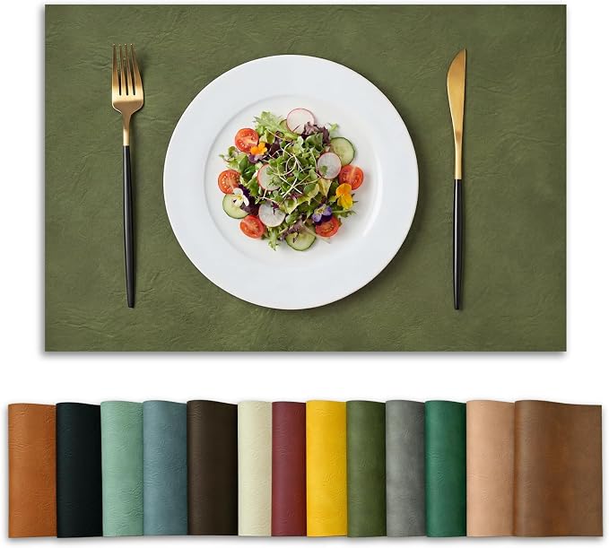 Artoid Mode Olive Green Faux Leather Placemats Set of 8, 12x18 Inch Waterproof Wipeable Heat Resistant Vinyl Place Mats, Reversible Table Mats for Kitchen Dining Decor