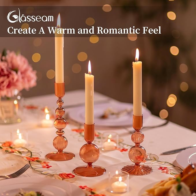 Glasseam Candle Sticks Holder Decor: Amber Glass Candle Holders Set of 3 Modern CandleHolders for Taper Candlesticks Unique Fall Candle Holders for Halloween Centerpiece Table Decor Thanksgiving