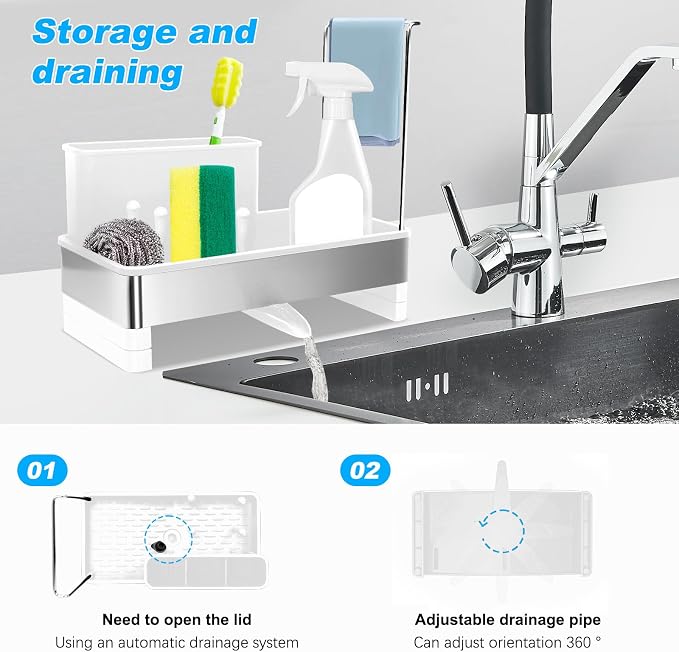 Kitchen Sink Caddy,Sponge Holder for Kitchen Sink with Dish Brush Holder, Auto Drain Tray, Sponge Drain Rack,Stainless Steel Sink Organizer Countertop，Sponge Soap(White)