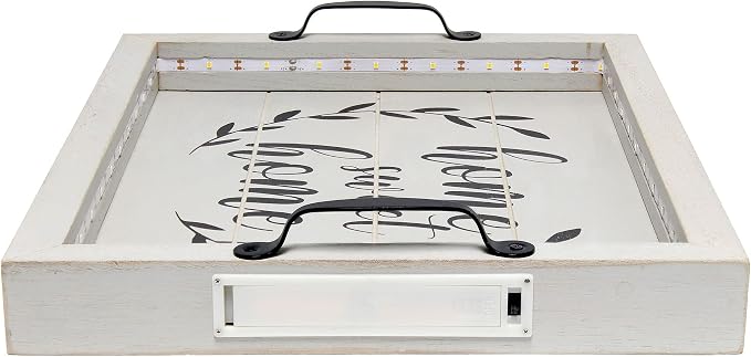 Elegant Designs HG2032-GHH Salento Farmhouse Rectangular Decorative LED Light Up Wooden Serving Tray w Metal Handles & Home Sweet Home in Black for Décor, Centerpiece, Breakfast, Bar, Gray Wash