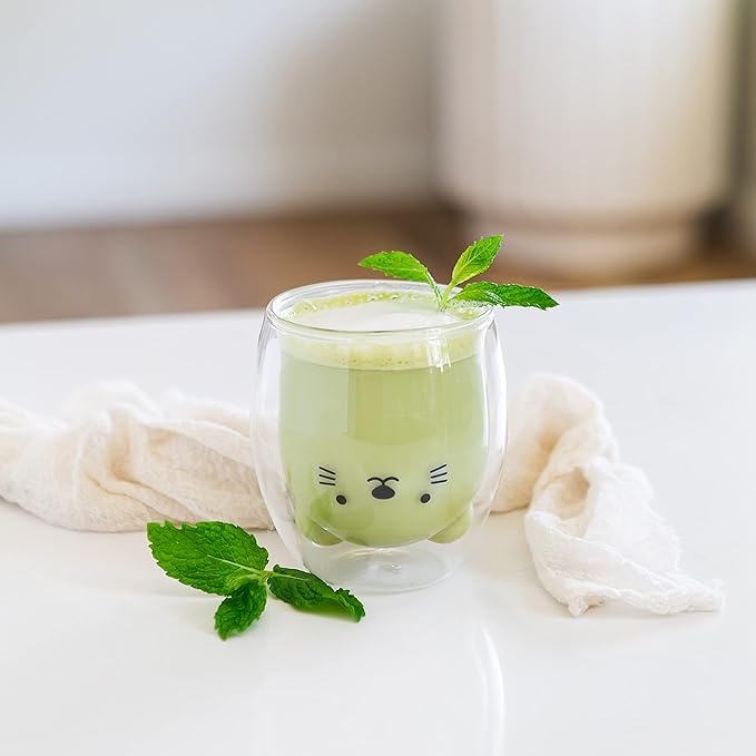 Lily Anne Boutique Cute Glass Drinking Cups - Cat,Duck,Dog,or Bear Double Wall Glass Cup - Use as a Glass Coffee Cup,Tea Cup,Cocktail Cup,or Milk Cup - Large 12.6oz Cups (Cat)