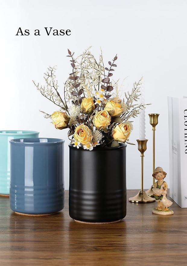 ABRUTY Utensil Holder, 6.7" Ceramic Kitchen Utensil Crock for Countertop Cooking, Modern Utensil Caddy Jar Organizer for Farmhouse Kitchen Counter Décor, Blue