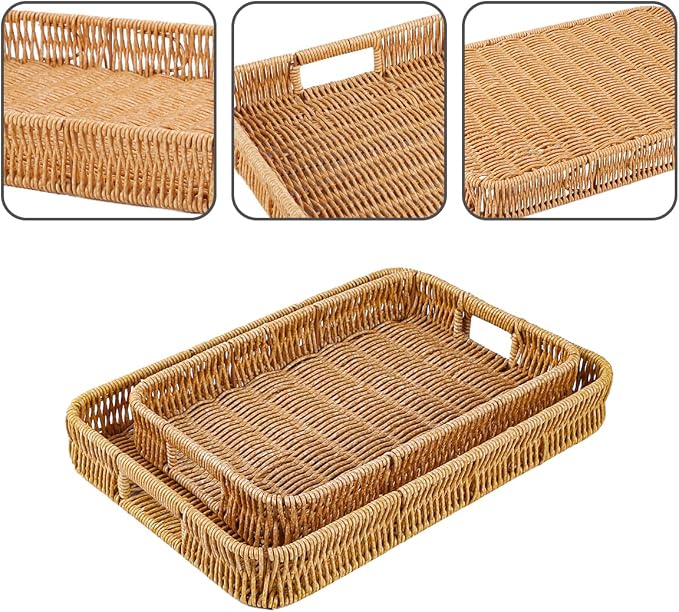2pcs Rectangular Serving Tray with Handles, Decorative Wicker Organizer Baskets Storage Tray for Coffee Table, Bread, Fruit, Snacks, Centerpiece Decor