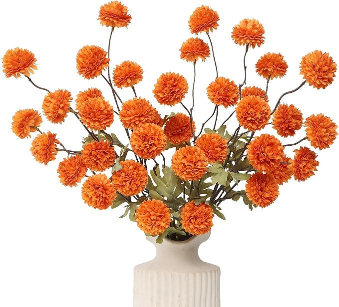 DuHouse 6pcs Artificial Flowers Faux Silk Pompon Mum,Silk Small Mini Chrysanthemum Ball with Stems for DIY Bouquets Centerpieces Vase Home Table Kitchen Decorations(Orange)