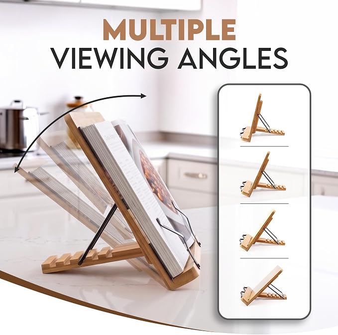 Bamboo Cookbook Stand Large, Adjustable Book Holder Tray and Page Paper Clips - Natural Color Large - 4-Position Recipe Book Stand Holds Thick Books for Kitchen Counter, Reading, Studying - Foldable