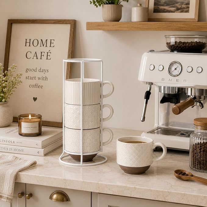 Large Ceramic Coffee Mug Set of 4 with Stand, 15 Oz Stackable Different Embossment Ribbed Latte Cup Set for Cappuccino, Tea, Hot Cocoa, Drinks - Dishwasher & Microwave Safe, Aged Ivory