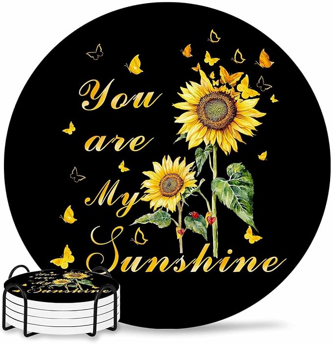 Coasters Set of 4 Sunflowers Drink Coasters with Holder Absorbent Stone Ceramic Cup Mat Black Butterfly You are My Sunshine Coaster for Drinks Coffee Bar Office Kitchen Cafe Home Decor