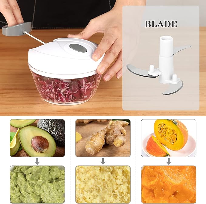 Cambom Manual Food Chopper Vegetable Cutter, Hand String Vegetable Chopper Onions Cutter for Vegetable Fruits Nuts BPA Free Food Safe Material, 550ml White