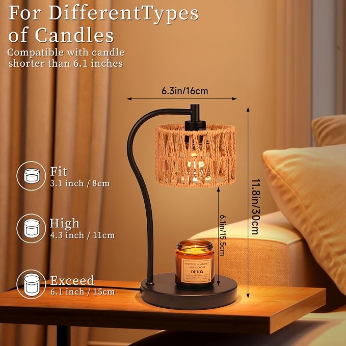 Ruiever Candle Warmer Lamp, Rattan Candle Heater with 2 Light Bulbs, Dimmable and Timer Melt Warmer for Scented Jar Candles Aromatic Holders for Home Room,Bedroom Living Room
